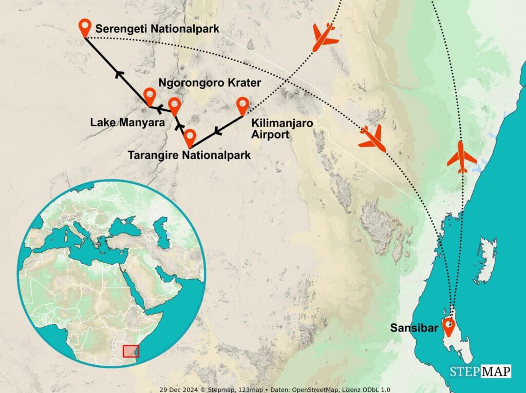 Reiseroute Kleingruppenreise Tansania & Sanibar